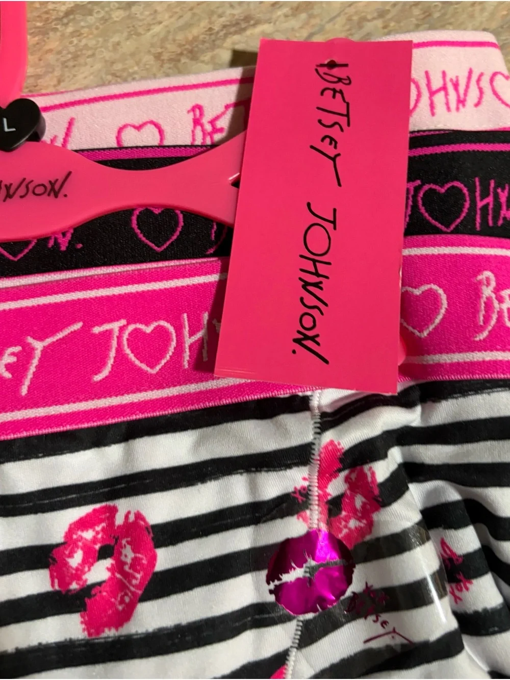 Betsey Johnson 3-Pack Black & White Striped Boxer Panties & Hot Pink Lip Print